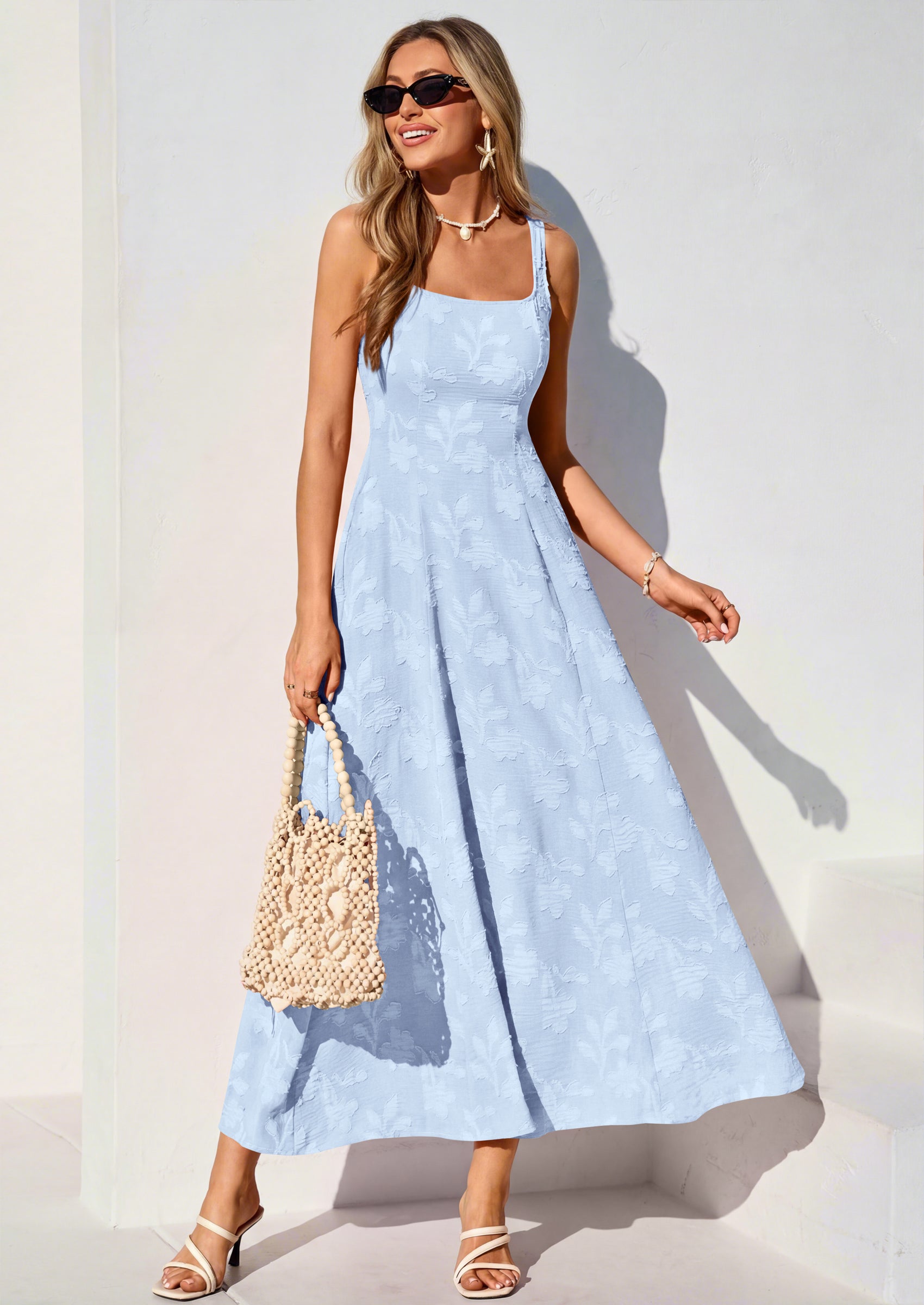 PRETTYGARDEN Womens Summer Maxi Dresses Casual Sleeveless Square Neck Jacquard Flowy Wedding Guest Beach Boho Long Dress