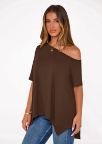 PRETTYGARDEN Off The Shoulder Tops for Women Summer Short Sleeve Asymmetrical Oversized Tee Shirts Casual Spring Clothes PRETTYGARDEN