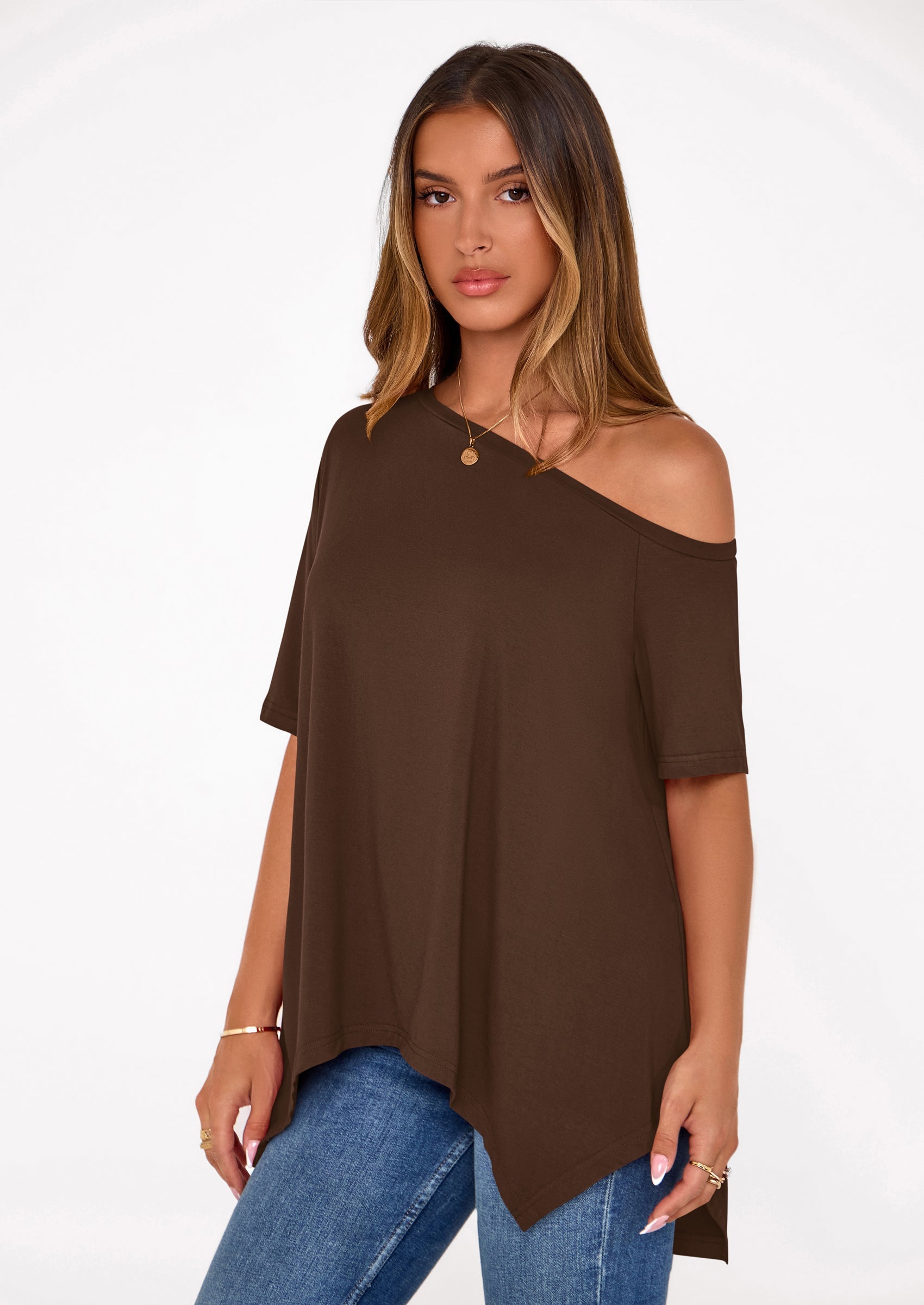 PRETTYGARDEN Off The Shoulder Tops for Women Summer Short Sleeve Asymmetrical Oversized Tee Shirts Casual Spring Clothes PRETTYGARDEN