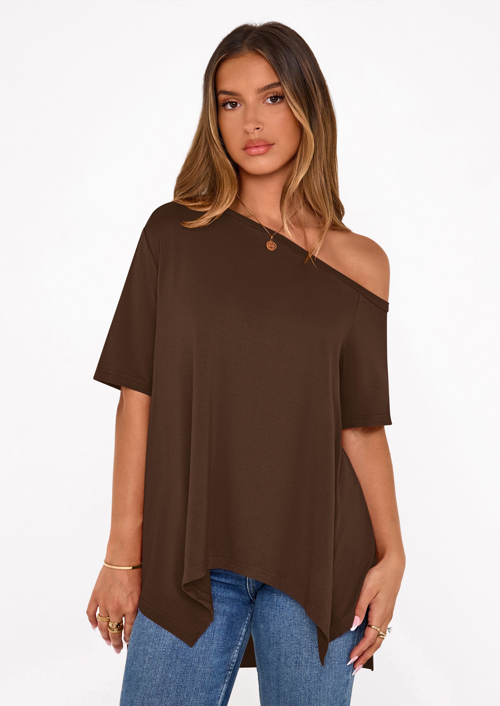 PRETTYGARDEN Off The Shoulder Tops for Women Summer Short Sleeve Asymmetrical Oversized Tee Shirts Casual Spring Clothes PRETTYGARDEN