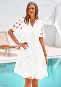 PRETTYGARDEN Women's Short Sleeve Mini Dress Summer V Neck Hollow Out Eyelet Ruffle A Line Swing Short Dresses