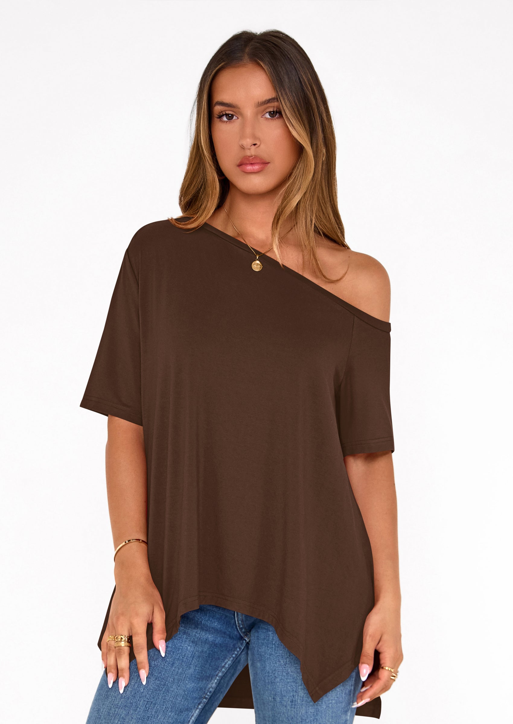 PRETTYGARDEN Off The Shoulder Tops for Women Summer Short Sleeve Asymmetrical Oversized Tee Shirts Casual Spring Clothes PRETTYGARDEN