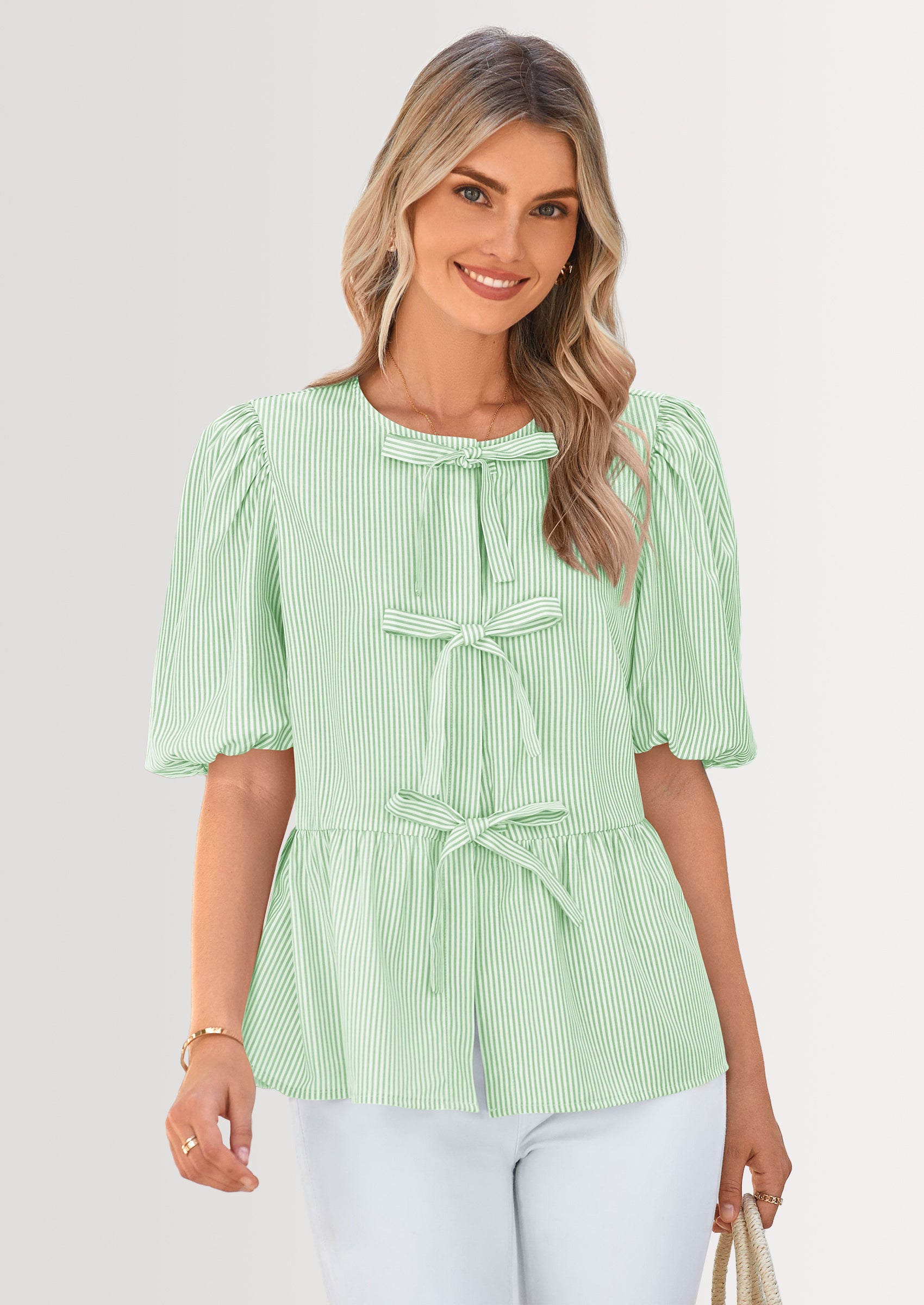 PRETTYGARDEN Women's Tie Front Striped Shirt Summer Trendy Fashion Cute Babydoll Tops Peplum Puffy Sleeve Blouse