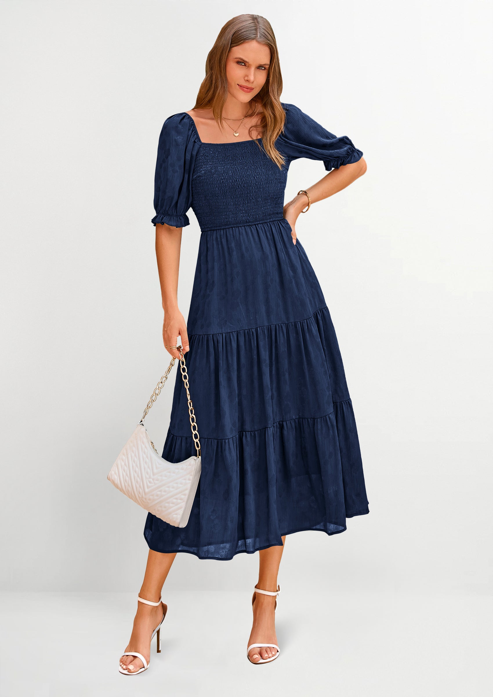 PRETTYGARDEN Women's Casual Midi Dresses Square Neck Short Sleeve Smocked A Line Floral Flowy Elegant Boho Dress