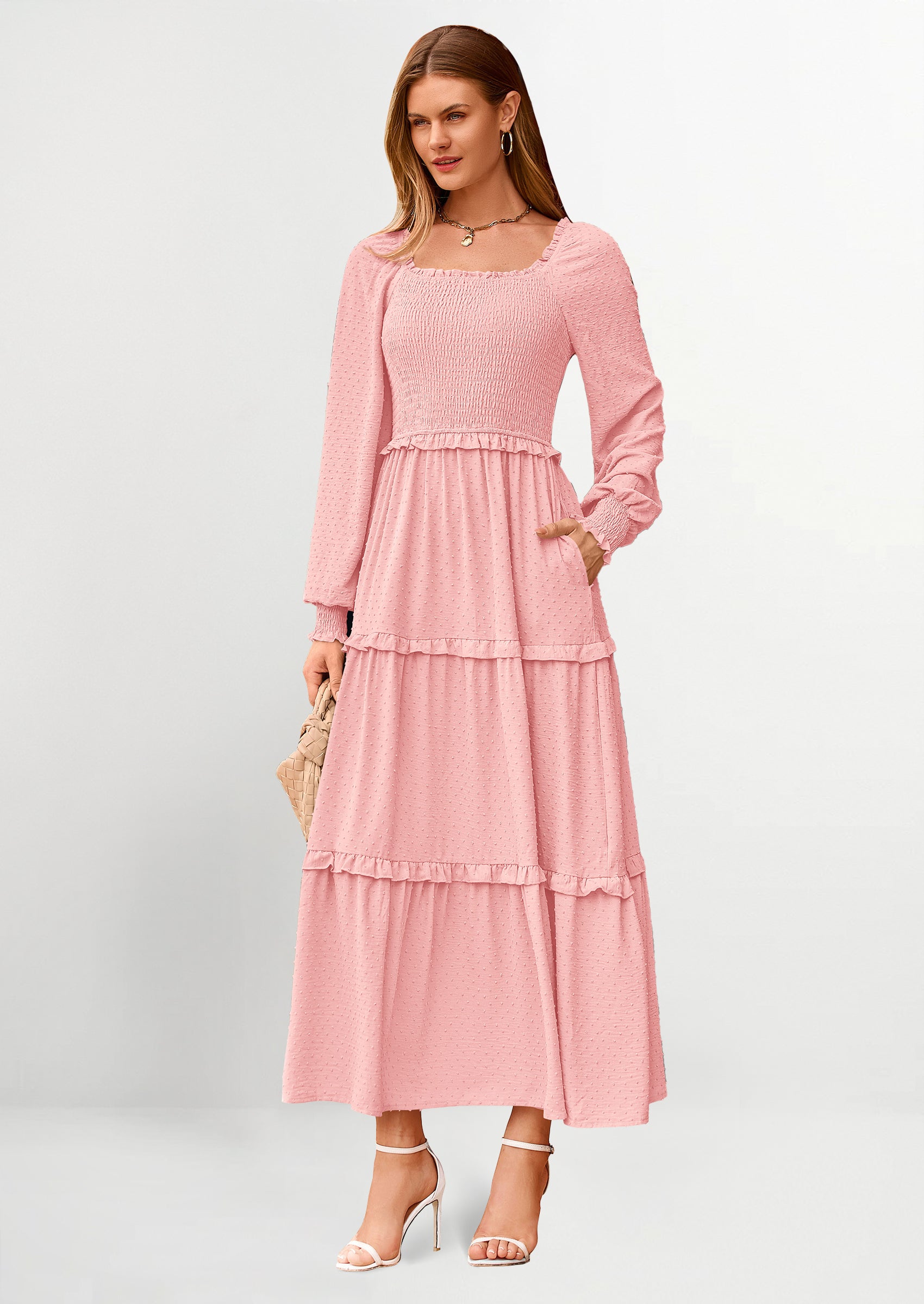 PRETTYGARDEN Women Fall Long Sleeve Smocked Maxi Dress Casual Square Neck Swiss Dot Tiered Ruffle Flowy Spring Pocket Dresses