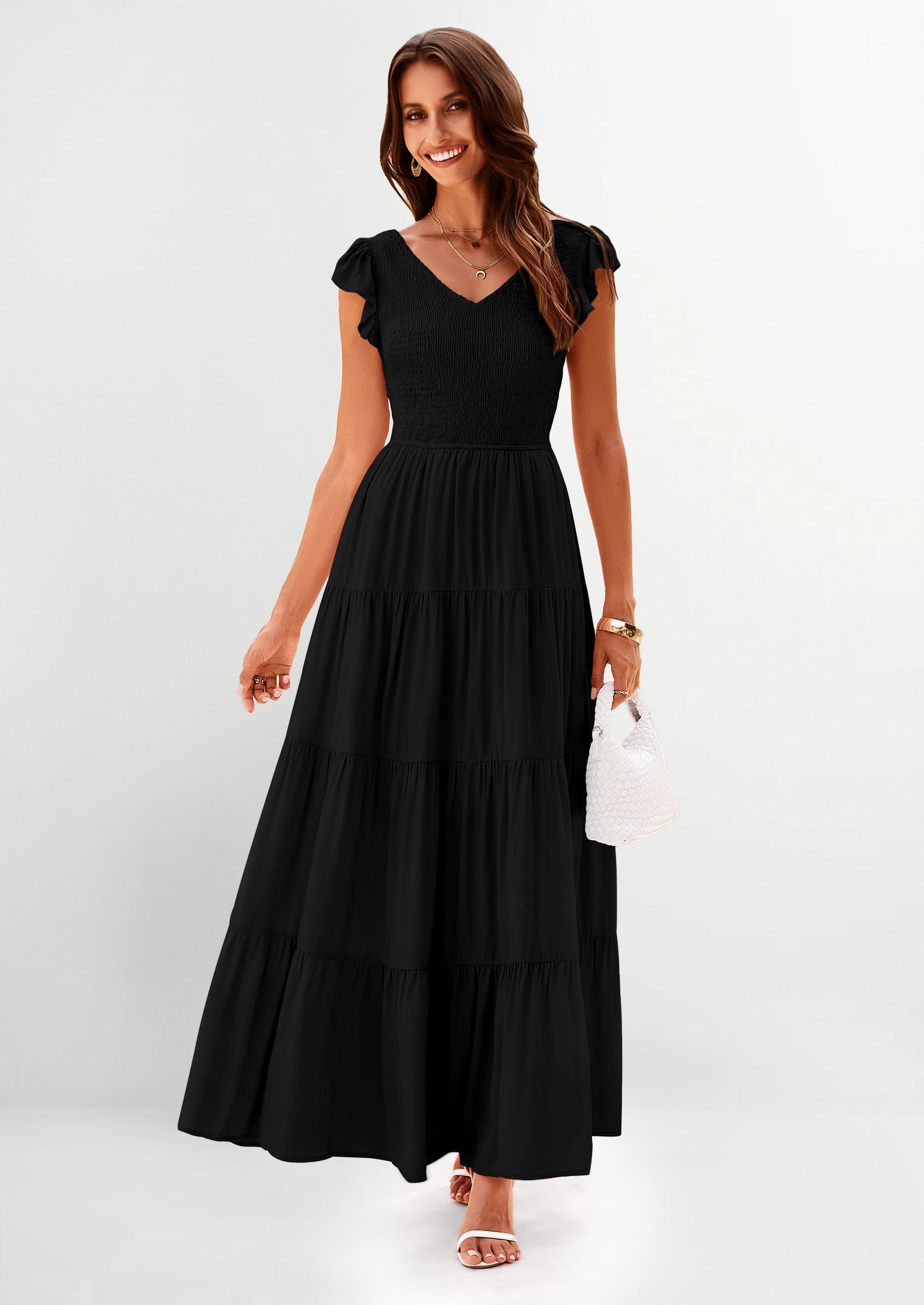 PRETTYGARDEN Women's Flowy Maxi Dress Casual Cap Sleeve V Neck Smocked Beach Sundress