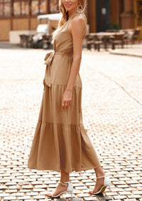 PRETTYGARDEN Women's Summer Floral Maxi Sun Dress Sleeveless Halter Neck Flowy Ruffle Hem Long Boho Dresses with Belt