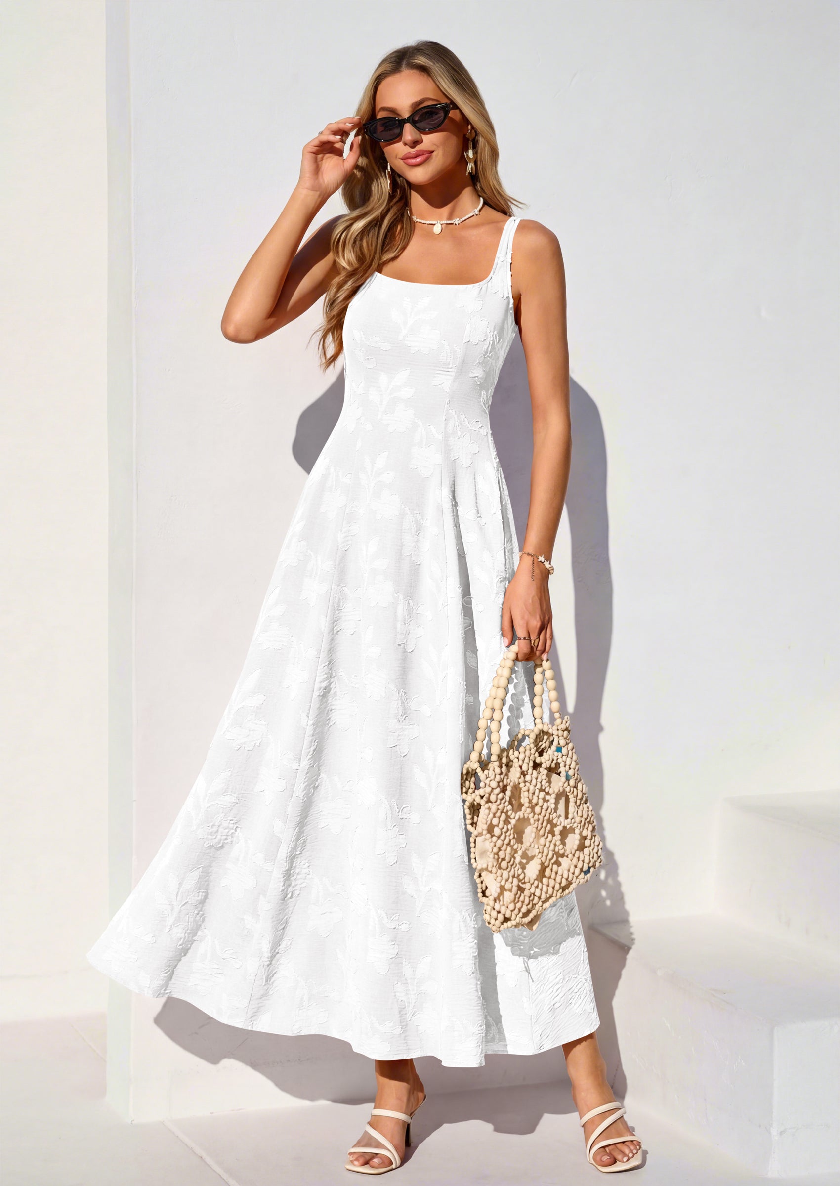 PRETTYGARDEN Womens Summer Maxi Dresses Casual Sleeveless Square Neck Jacquard Flowy Wedding Guest Beach Boho Long Dress