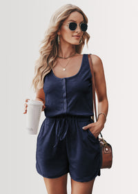 PRETTYGARDEN Casual Shorts Jumpsuit Plain Scoop Neck Button Down Sleeveless Tank Top Rompers