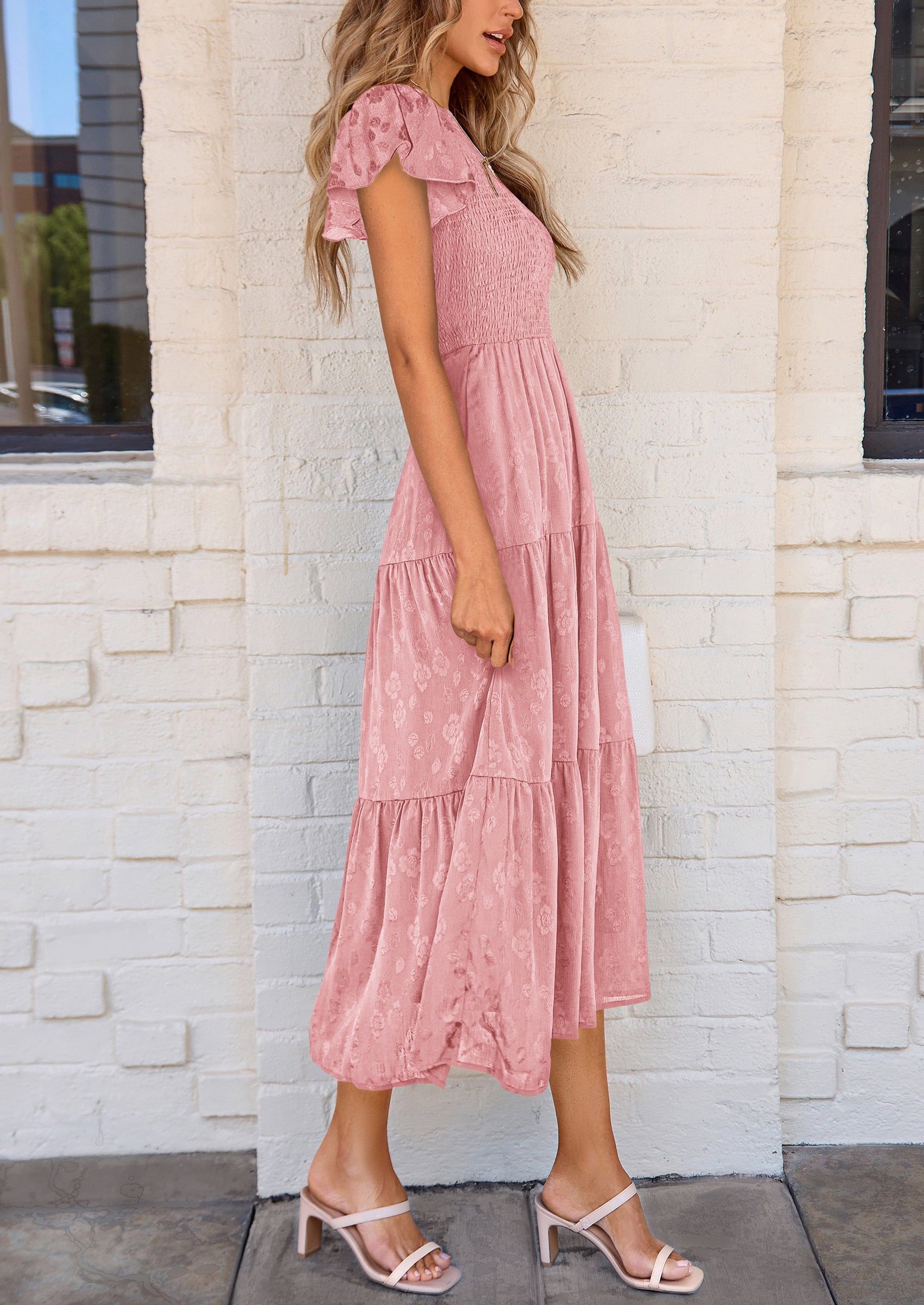 PRETTYGARDEN Midi Dress for Women Summer Floral Cap Sleeve Smocked Ruffle A Line Long Flowy Wedding Guest Dresses