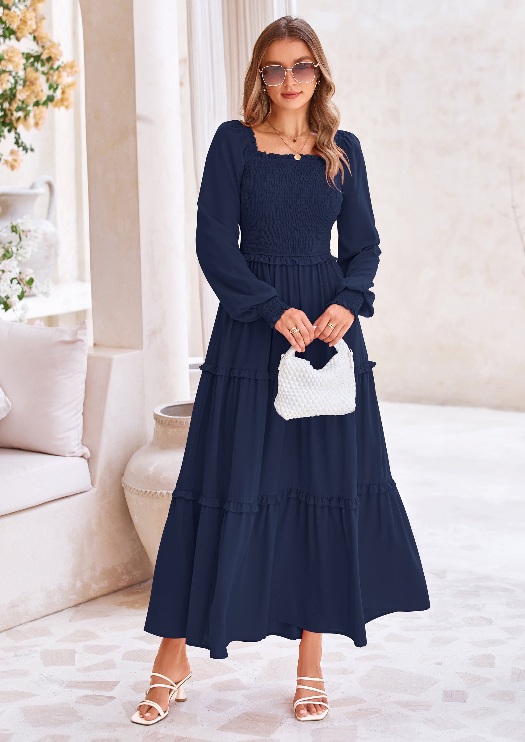 PRETTYGARDEN Fall Wedding Guest Dresses for Women Long Sleeve Square Neck Tiered A Line Modest Elegant Flowy Dresses
