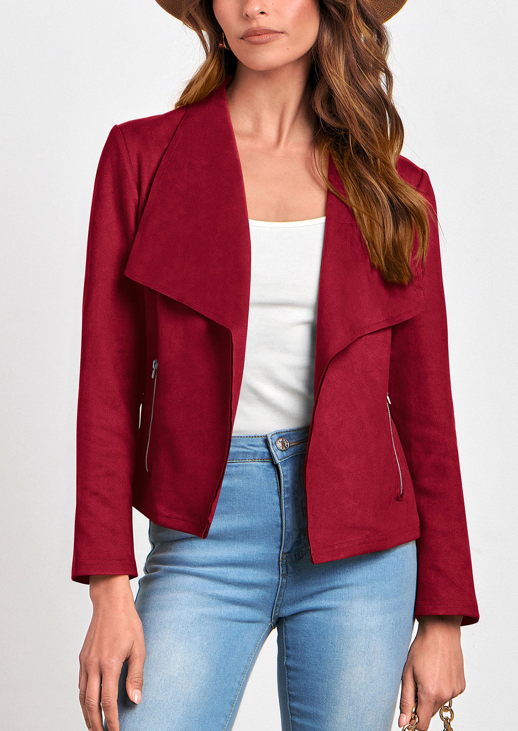 PRETTYGARDEN Women's Faux Suede Jackets Fashion Fall Clothes Long Sleeve Open Front Cropped Coat Outwear