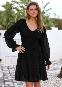 BTFBM Spring Dresses for Women 2026 Long Sleeve Casual V Neck Swiss Dot Smocked Ruffle Chiffon Flowy Mini Summer Dress PRETTYGARDEN