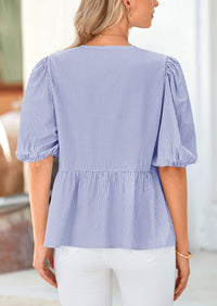 PRETTYGARDEN Women's Tie Front Striped Shirt Summer Trendy Fashion Cute Babydoll Tops Peplum Puffy Sleeve Blouse