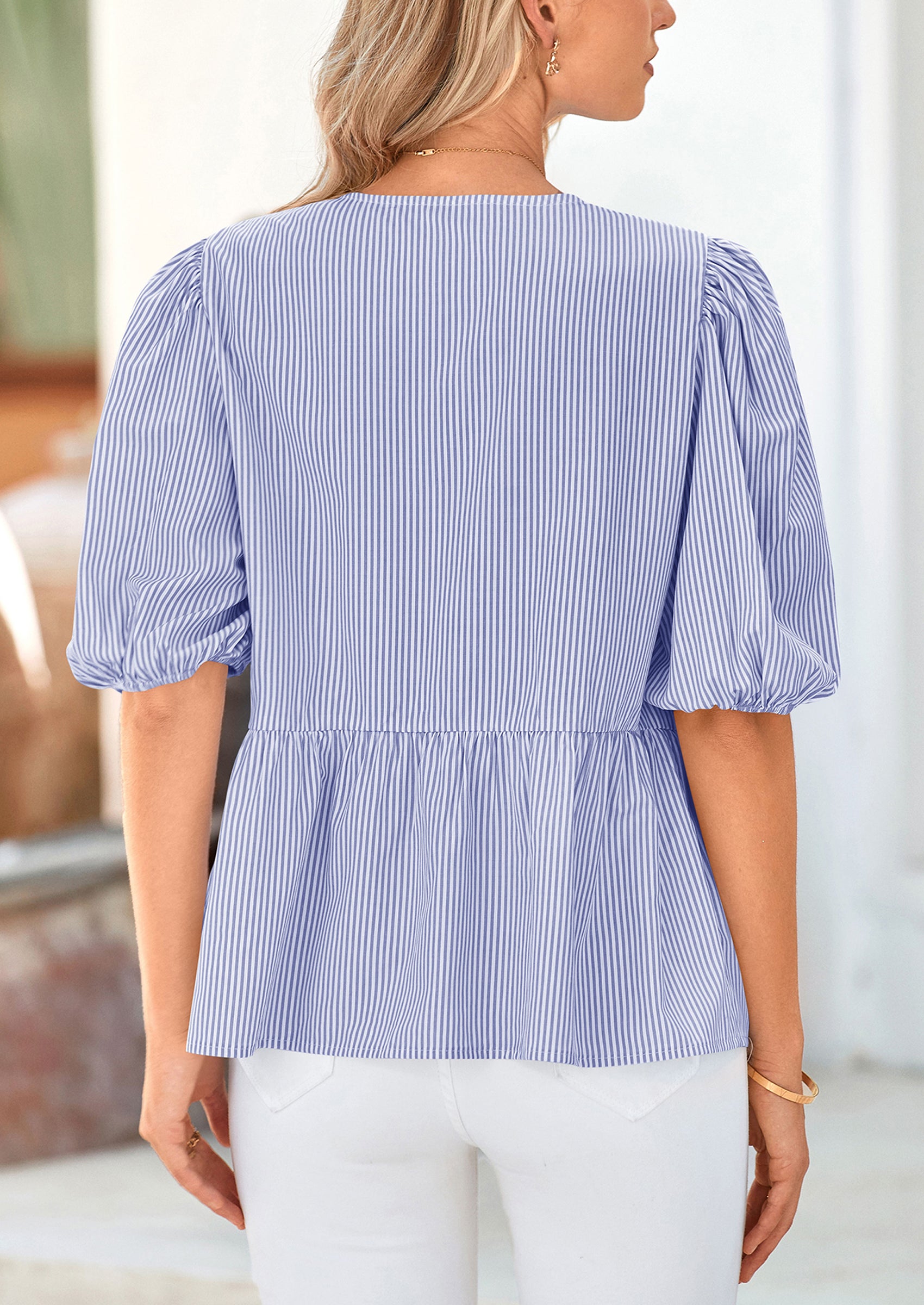 PRETTYGARDEN Women's Tie Front Striped Shirt Summer Trendy Fashion Cute Babydoll Tops Peplum Puffy Sleeve Blouse