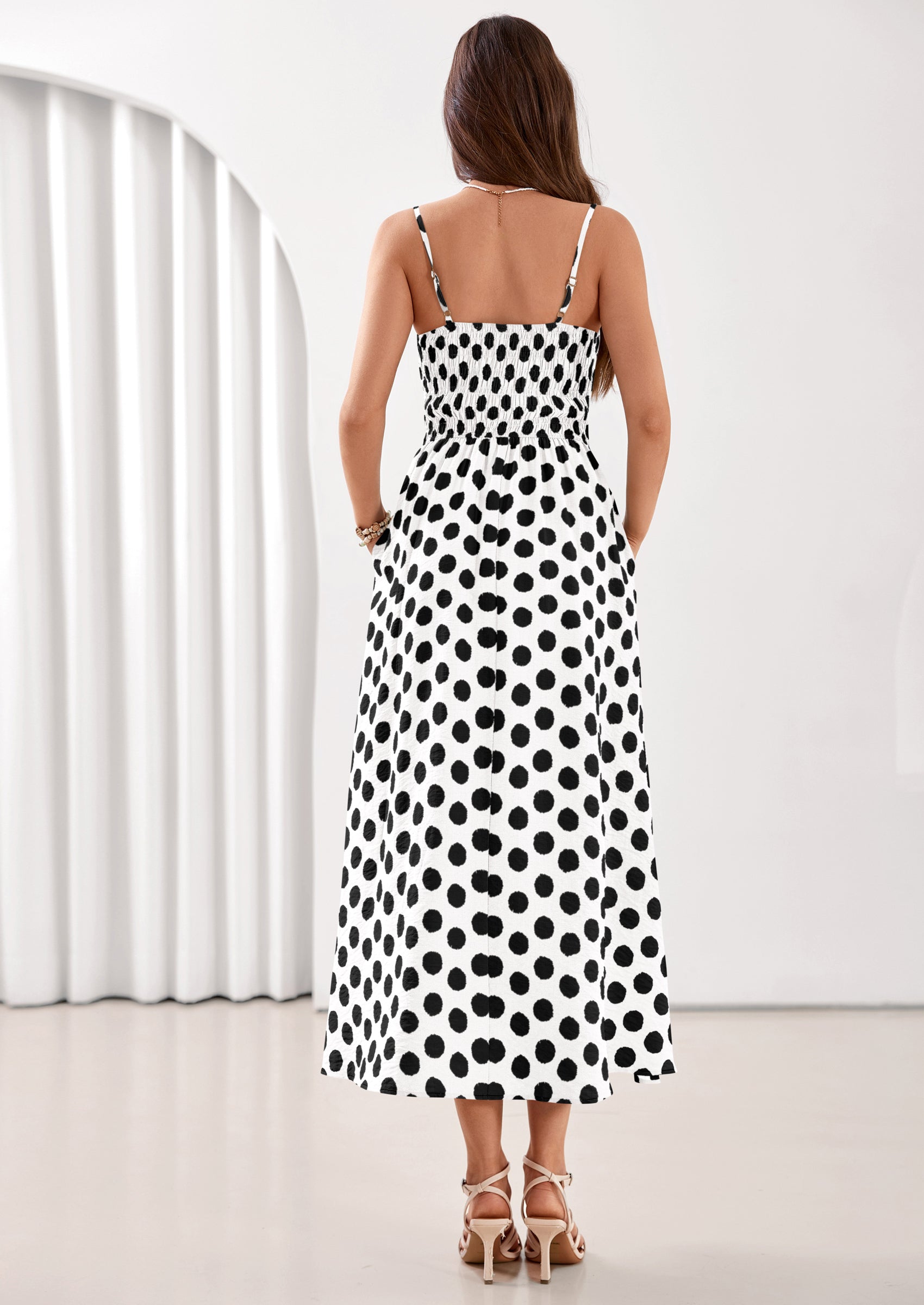 PRETTYGARDEN Womens Summer Dresses Spring Sleeveless Spaghetti Straps Casual Midi Dress Polka Dot Smocked Beach Sundress PRETTYGARDEN