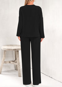 PRETTYGARDEN Women's 2 Piece Lounge Sets Ribbed Knit Long Sleeve V Neck Pullover Tops Wide Leg Pants Spring Fall Outfits