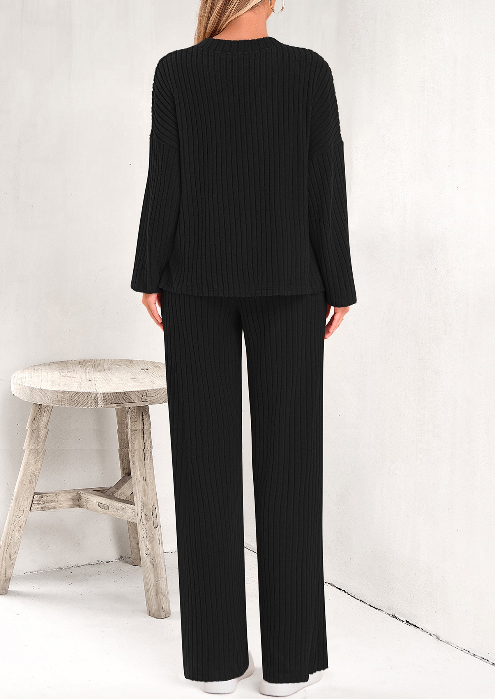 PRETTYGARDEN Women's 2 Piece Lounge Sets Ribbed Knit Long Sleeve V Neck Pullover Tops Wide Leg Pants Spring Fall Outfits