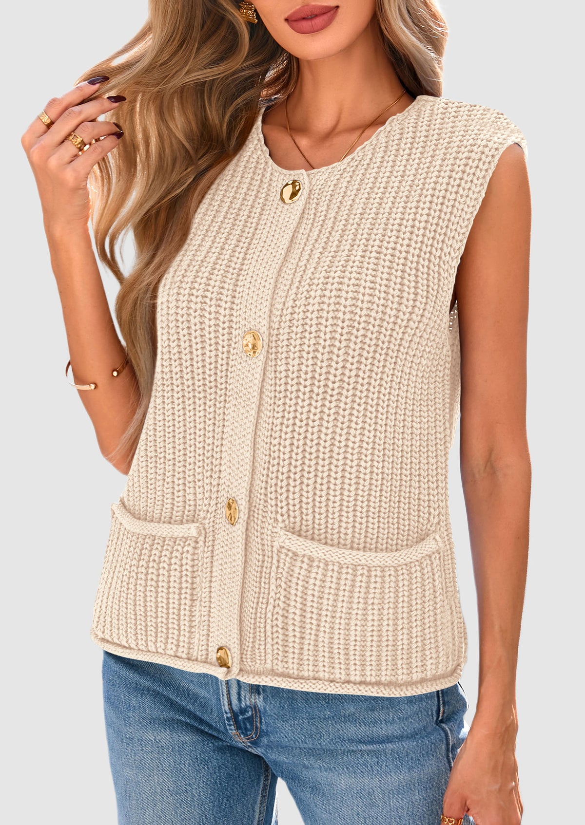 Sleeveless Button Down Cropped Chunky Knit Cardigan Trendy Tank Tops with Pockets