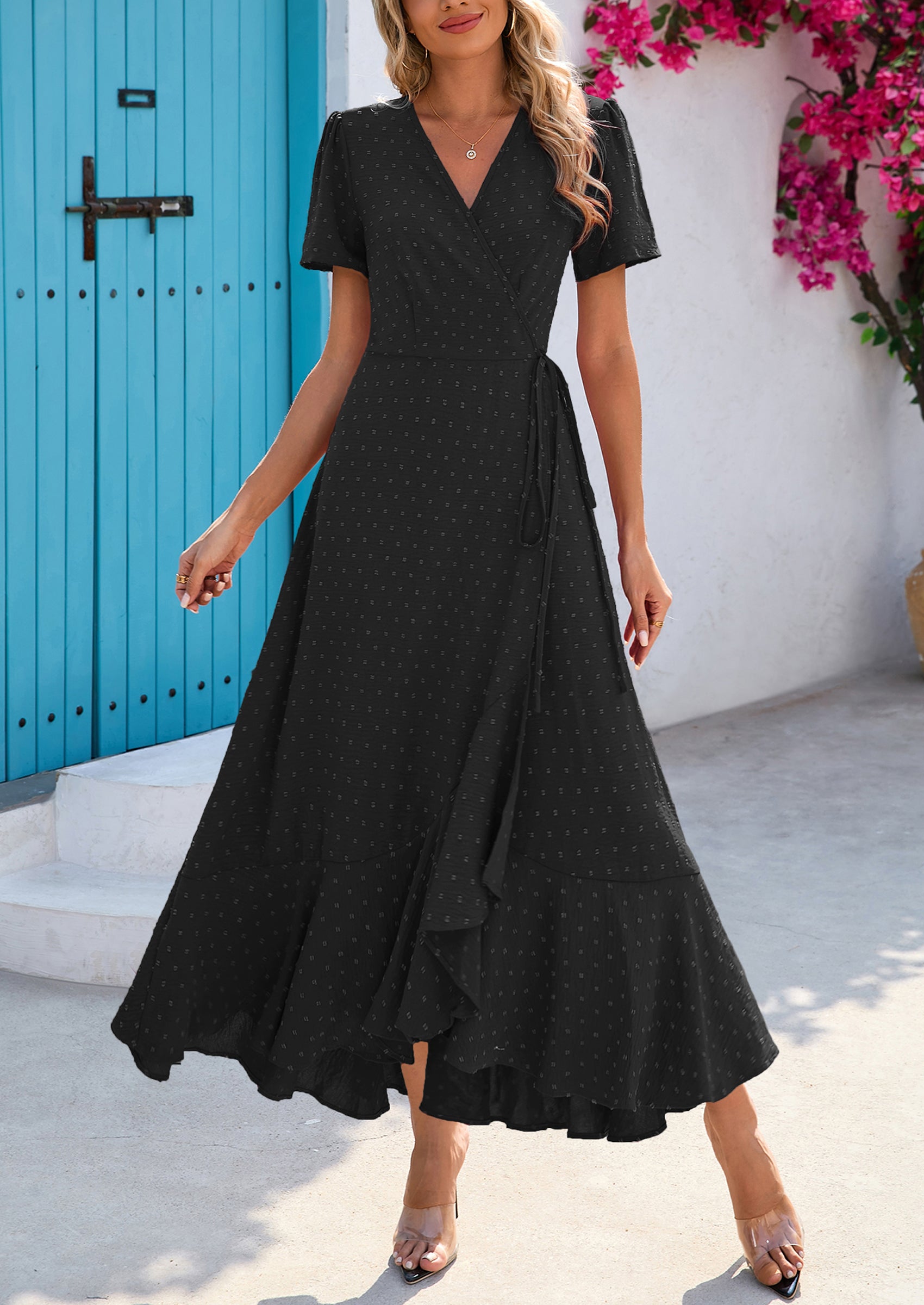 PRETTYGARDEN Women's Summer Maxi Dress Casual Wrap Floral Boho Short Sleeve V Neck Split Ruffle Beach Long Dresses