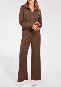 PRETTYGARDEN Women's 2 Piece Outfits Casual Lapel Half Zip Sweatshirts And Wide Leg Pants Tracksuit Sets