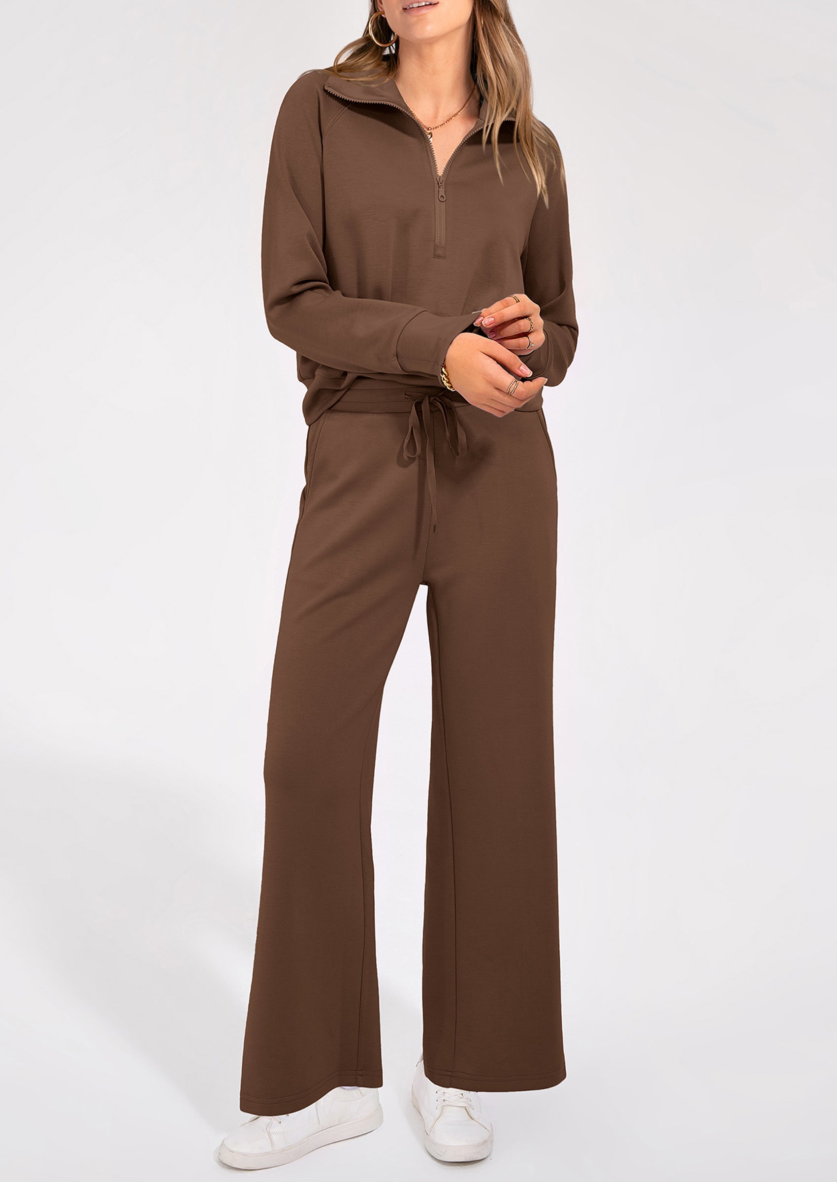 PRETTYGARDEN Women's 2 Piece Outfits Casual Lapel Half Zip Sweatshirts And Wide Leg Pants Tracksuit Sets