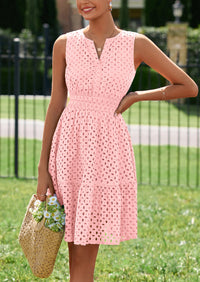 PRETTYGARDEN Women's Summer Dresses Sleeveless V Neck Eyelet Hollow Out Swing A Line Beach Vacation Sun Dress