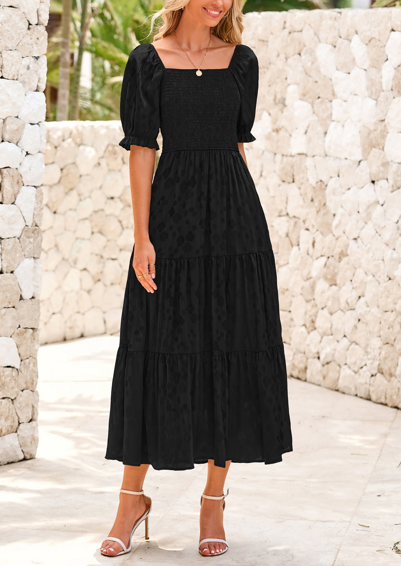 PRETTYGARDEN Women's Casual Midi Dresses Square Neck Short Sleeve Smocked A Line Floral Flowy Elegant Boho Dress