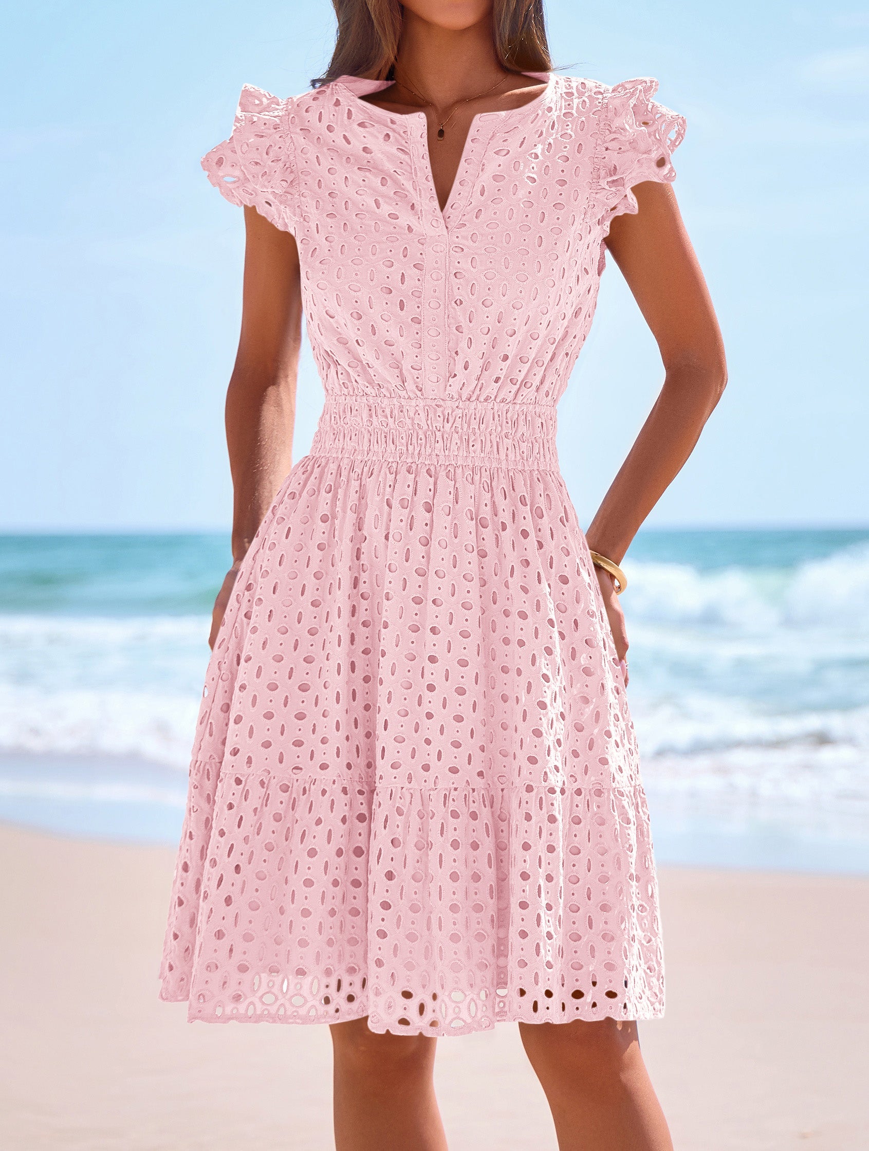 PRETTYGARDEN Women's Summer Sundresses Eyelet Cap Sleeve V Neck Short Boho Wedding Guest Dress Beach Vacation Clothes PRETTYGARDEN