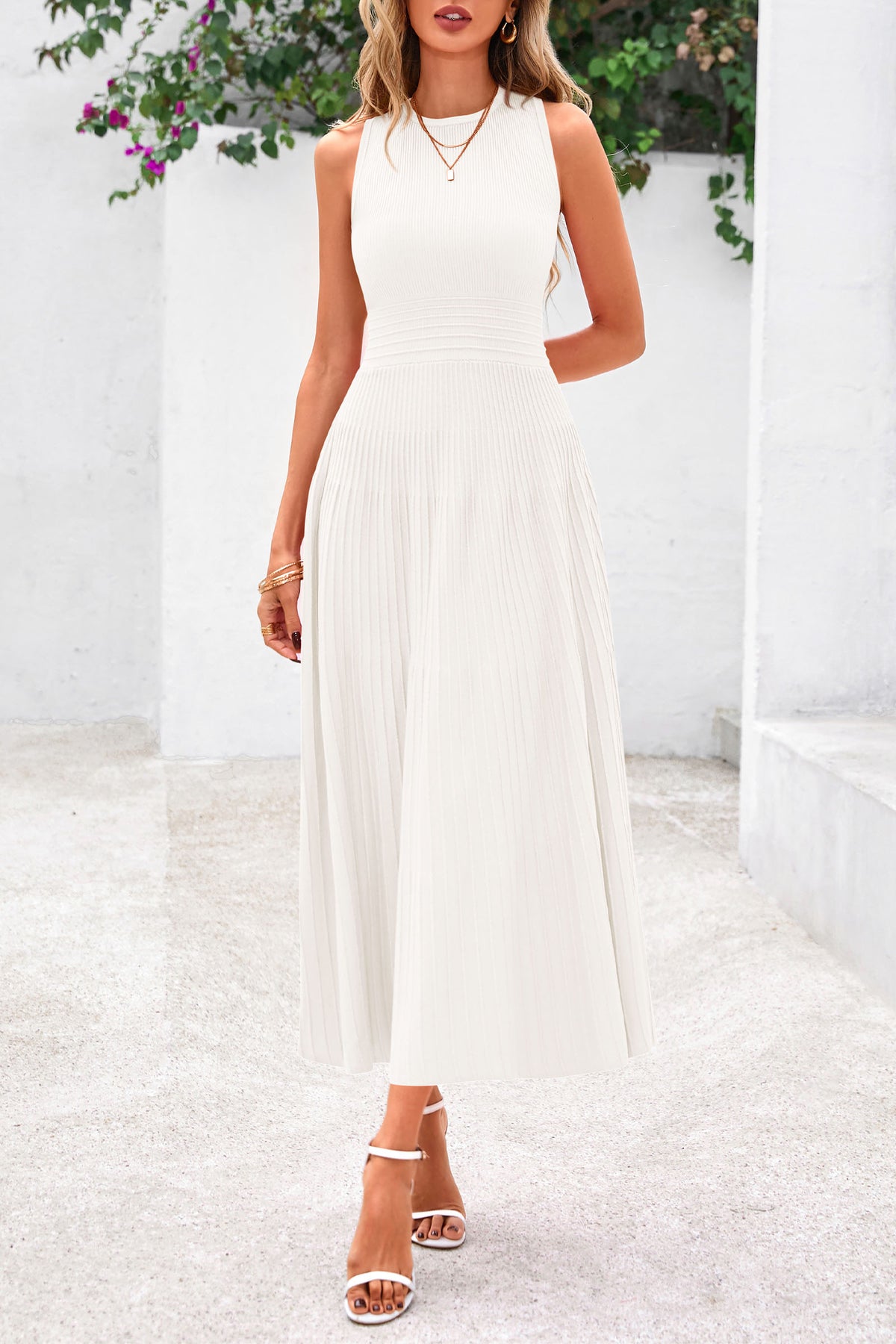 Women's Summer Midi Dresses 2025 Sleeveless Crewneck Knit A Line Pleated Swing Wedding Guest Casual Tank Dress