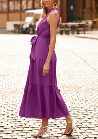 PRETTYGARDEN Women's Summer Floral Maxi Sun Dress Sleeveless Halter Neck Flowy Ruffle Hem Long Boho Dresses with Belt