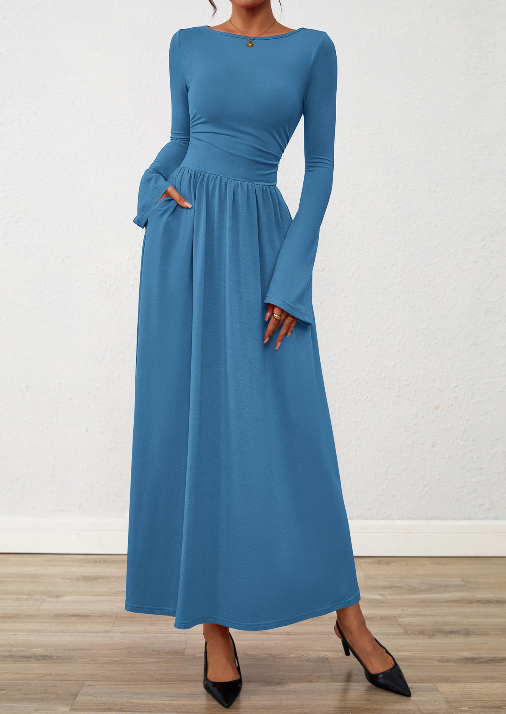 BTFBM Long Sleeve Maxi Dresses for Women Fall Casual Ruched Boat Neck Flowy Elegant Formal Wedding Guest Dress
