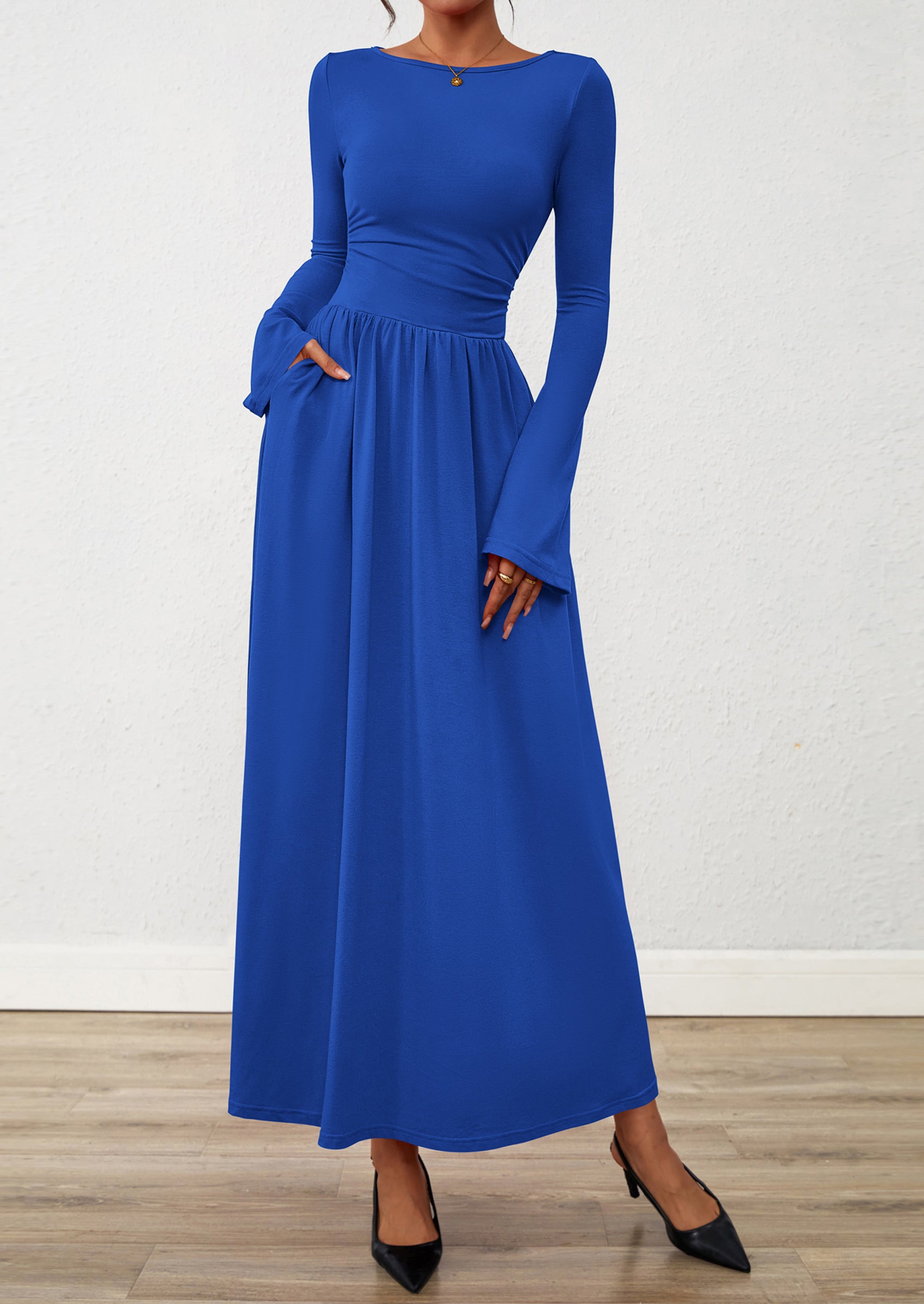 BTFBM Long Sleeve Maxi Dresses for Women Fall Casual Ruched Boat Neck Flowy Elegant Formal Wedding Guest Dress