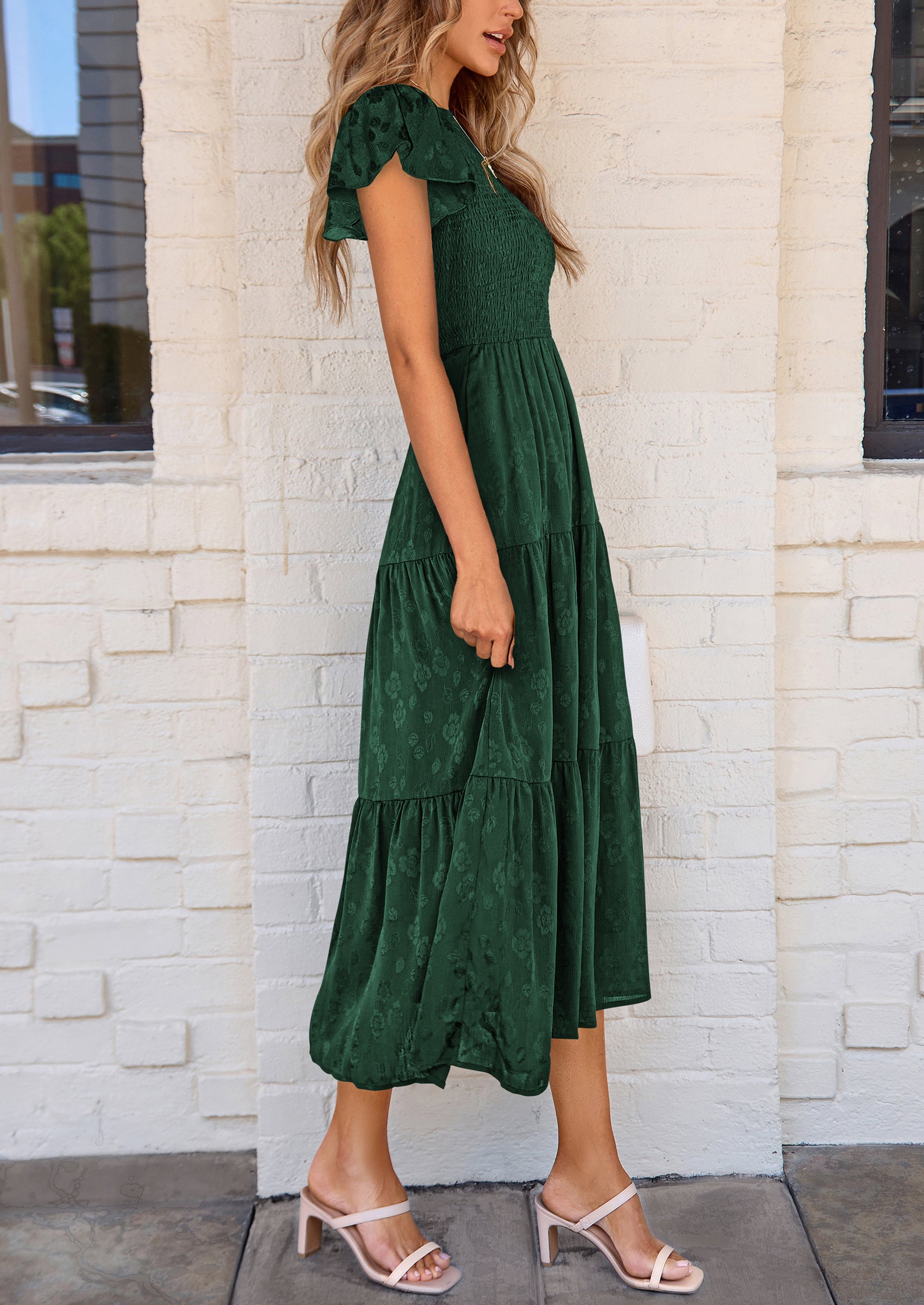 PRETTYGARDEN Midi Dress for Women Summer Floral Cap Sleeve Smocked Ruffle A Line Long Flowy Wedding Guest Dresses