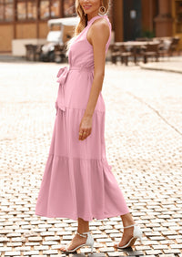 PRETTYGARDEN Women's Summer Floral Maxi Sun Dress Sleeveless Halter Neck Flowy Ruffle Hem Long Boho Dresses with Belt