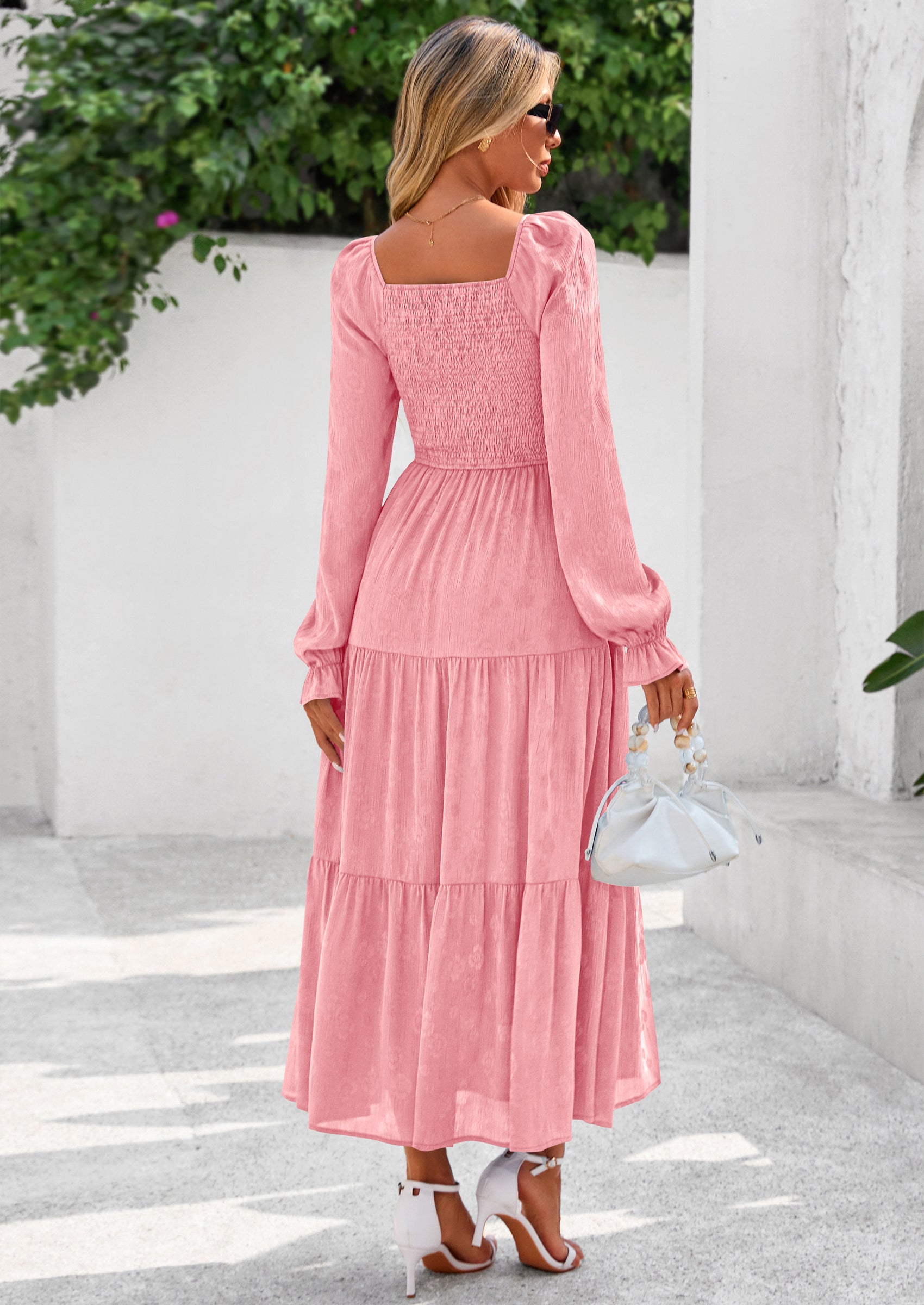 PRETTYGARDEN Fall Wedding Guest Dresses for Women Floral Long Sleeve Smocked Tiered Elegant Long Flowy Boho Dress