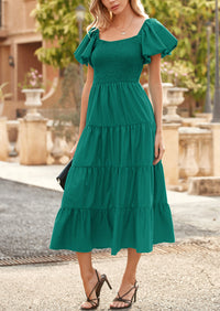 PRETTYGARDEN Women's Summer Casual Midi Dress Puffy Short Sleeve Square Neck Smocked Tiered Ruffle Dresses