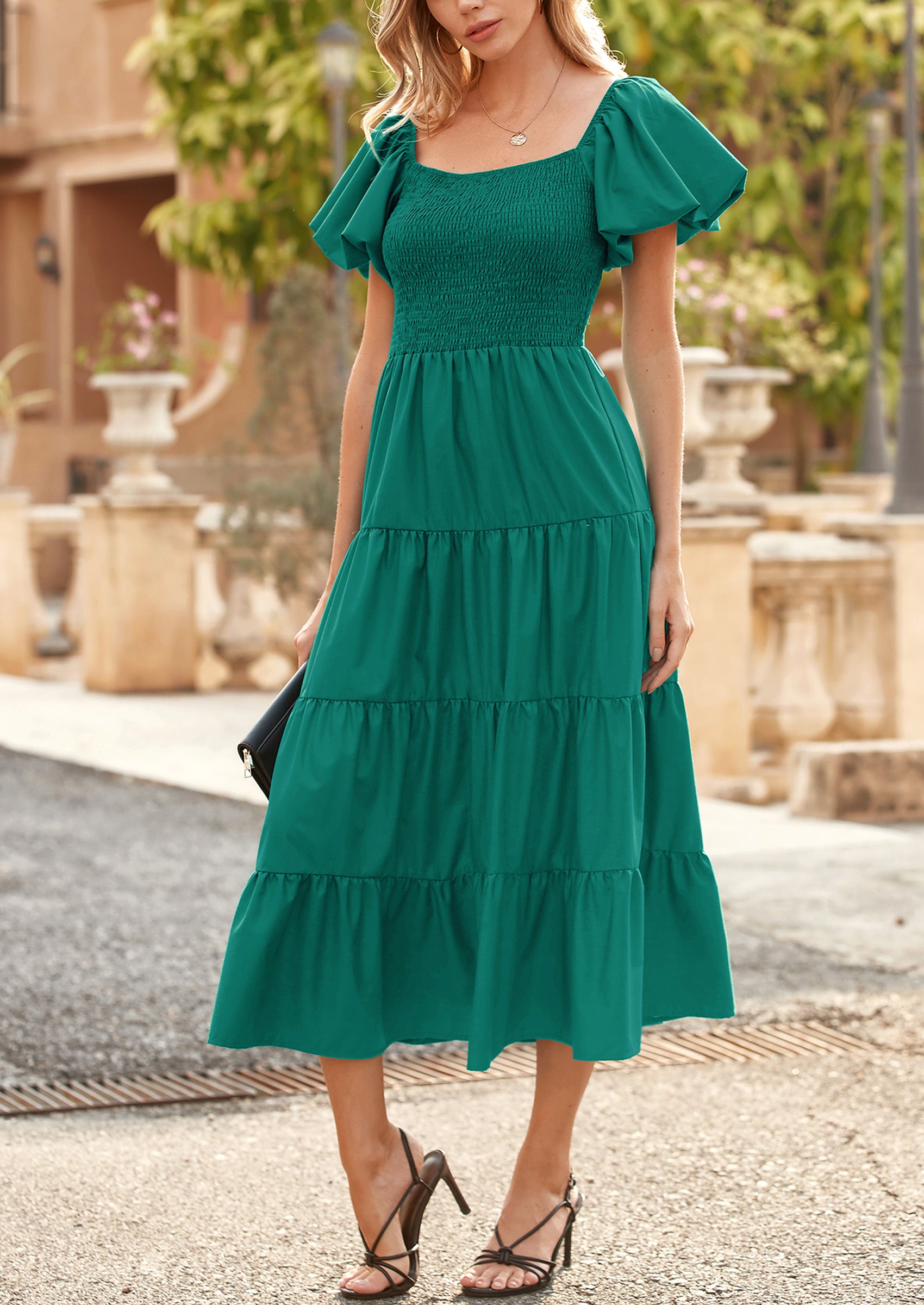 PRETTYGARDEN Women's Summer Casual Midi Dress Puffy Short Sleeve Square Neck Smocked Tiered Ruffle Dresses