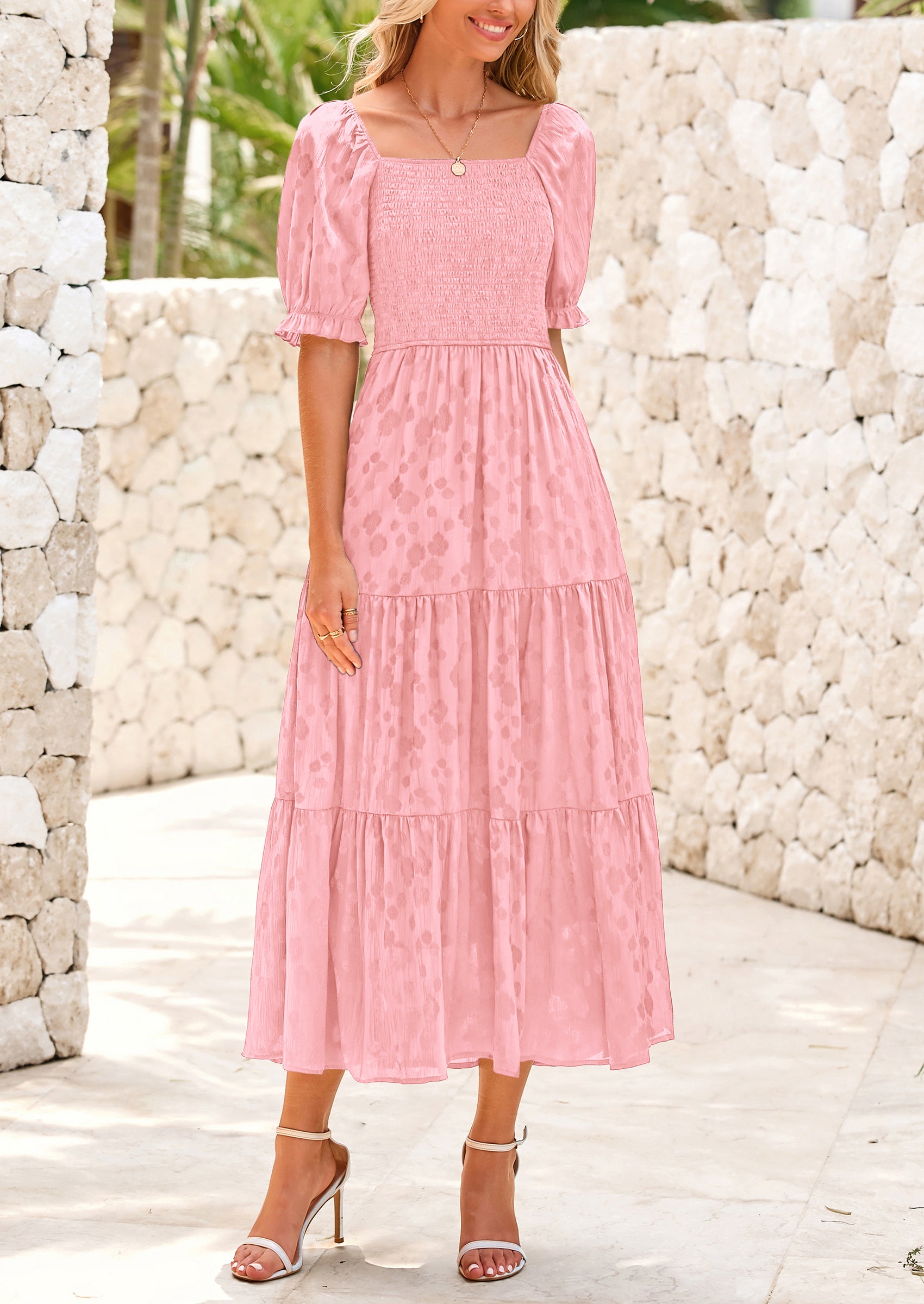 PRETTYGARDEN Women's Casual Midi Dresses Square Neck Short Sleeve Smocked A Line Floral Flowy Elegant Boho Dress