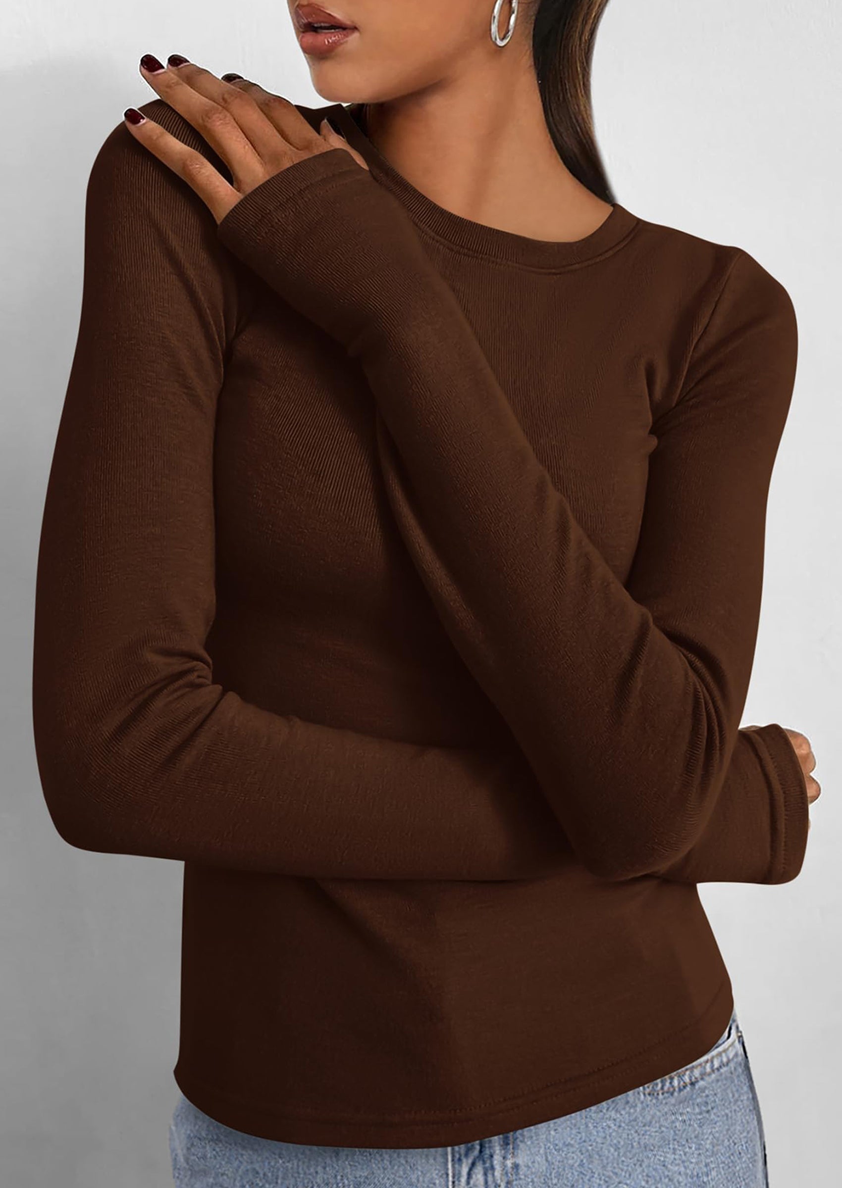 BTFBM Women's Casual Tops Spring Fall Outfits Long Sleeve Shirt Crewneck Workout Stretchy Slim Fit Going Out Top