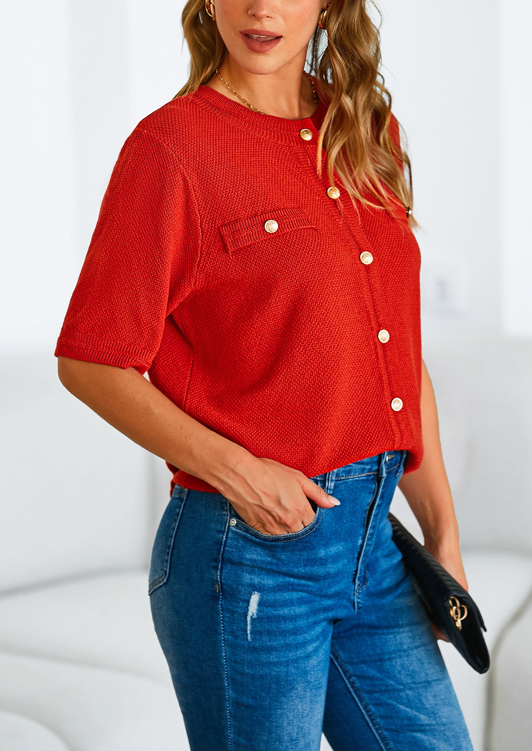 PRETTYGARDEN Women's Summer Button Down Shirts Casual Short Sleeve Crew Neck Ribbed Knit Blouse Top Cardigans