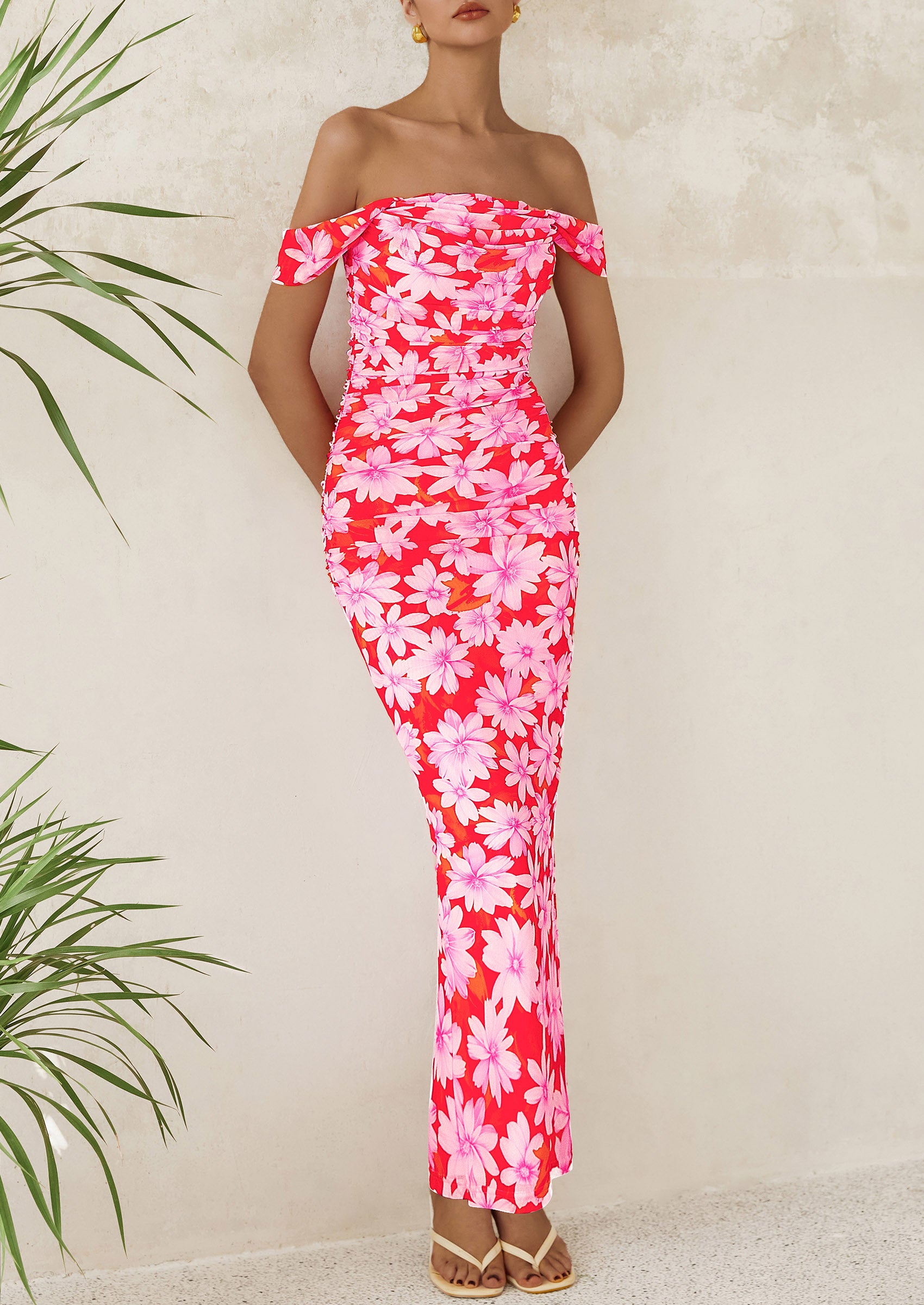 PRETTYGARDEN Maxi Dresses for Women Summer Elegant Floral Off Shoulder Ruched Mesh Cocktail Wedding Guest Dress