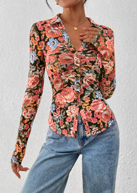 PRETTYGARDEN Women Button Down Floral Shirts Fall Trendy Long Sleeve V Neck Ruched Fitted Mesh Blouse Tops Date Outfits