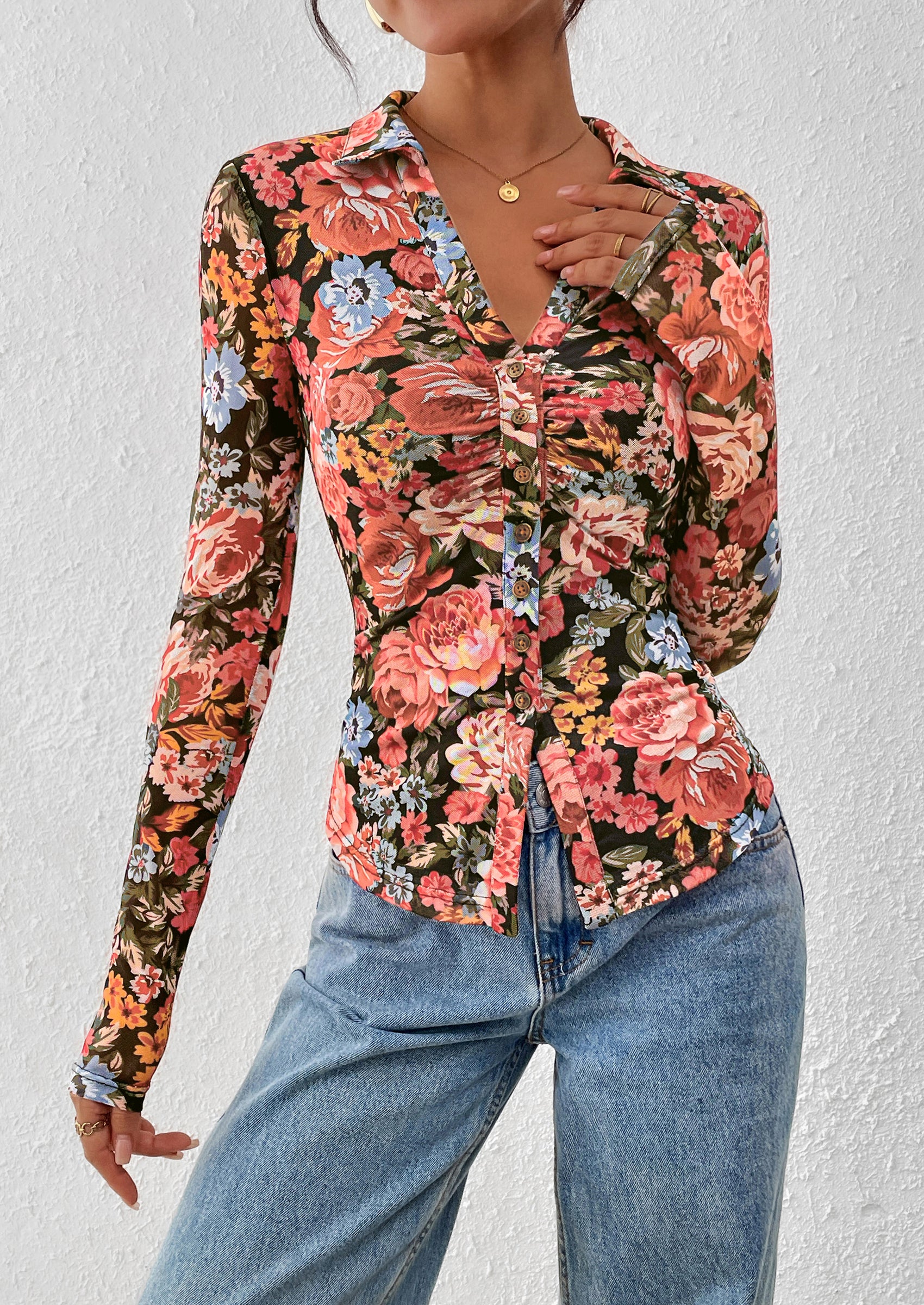 PRETTYGARDEN Women Button Down Floral Shirts Fall Trendy Long Sleeve V Neck Ruched Fitted Mesh Blouse Tops Date Outfits