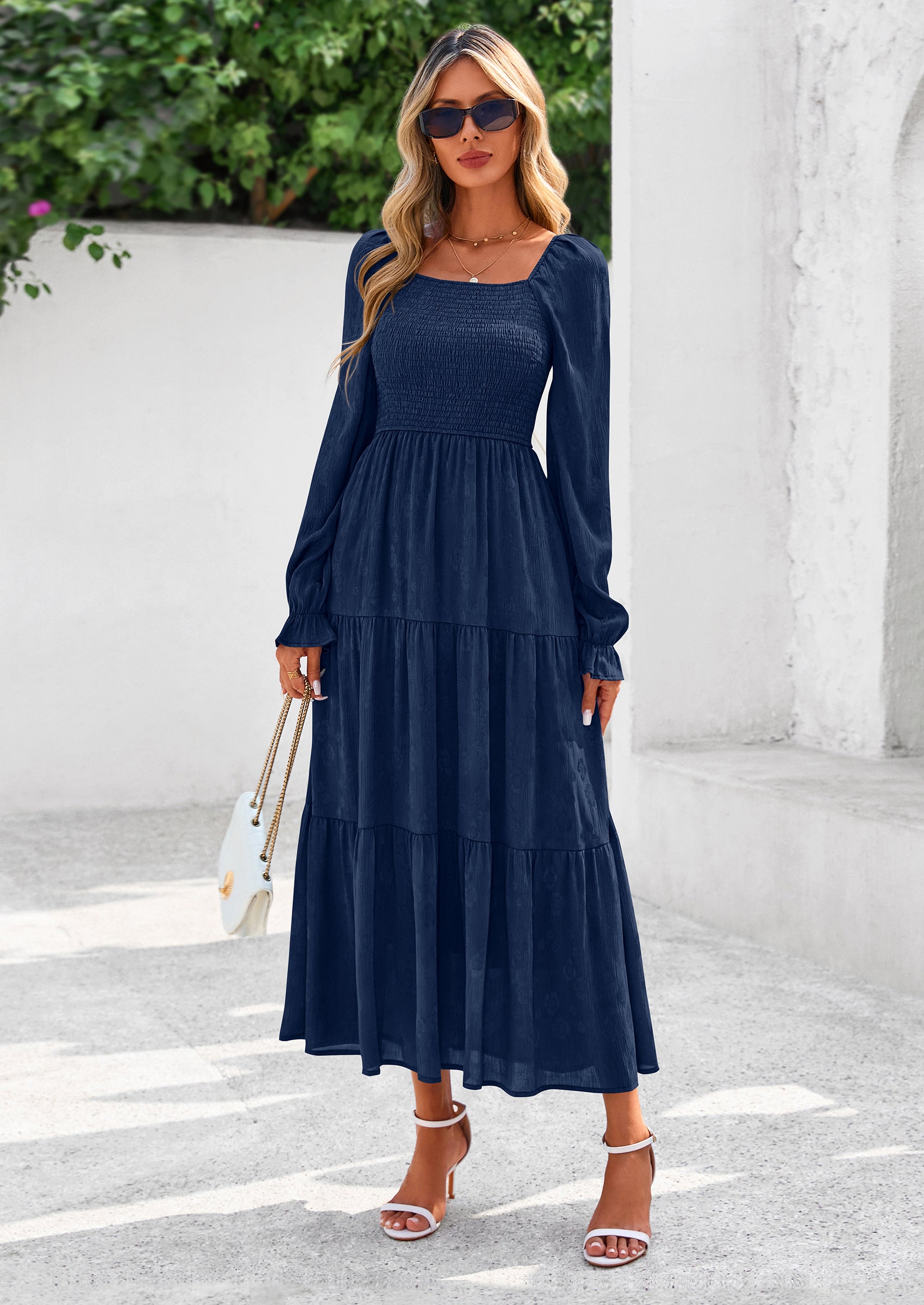 PRETTYGARDEN Fall Wedding Guest Dresses for Women Floral Long Sleeve Smocked Tiered Elegant Long Flowy Boho Dress