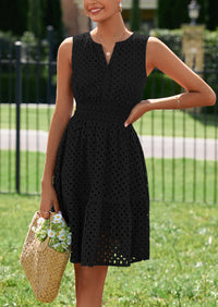 PRETTYGARDEN Women's Summer Dresses Sleeveless V Neck Eyelet Hollow Out Swing A Line Beach Vacation Sun Dress