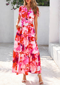 Summer Boho Floral Short Sleeve V Neck A Line Tiered Ruffle Flowy Long Beach Vacation Maxi Dresses