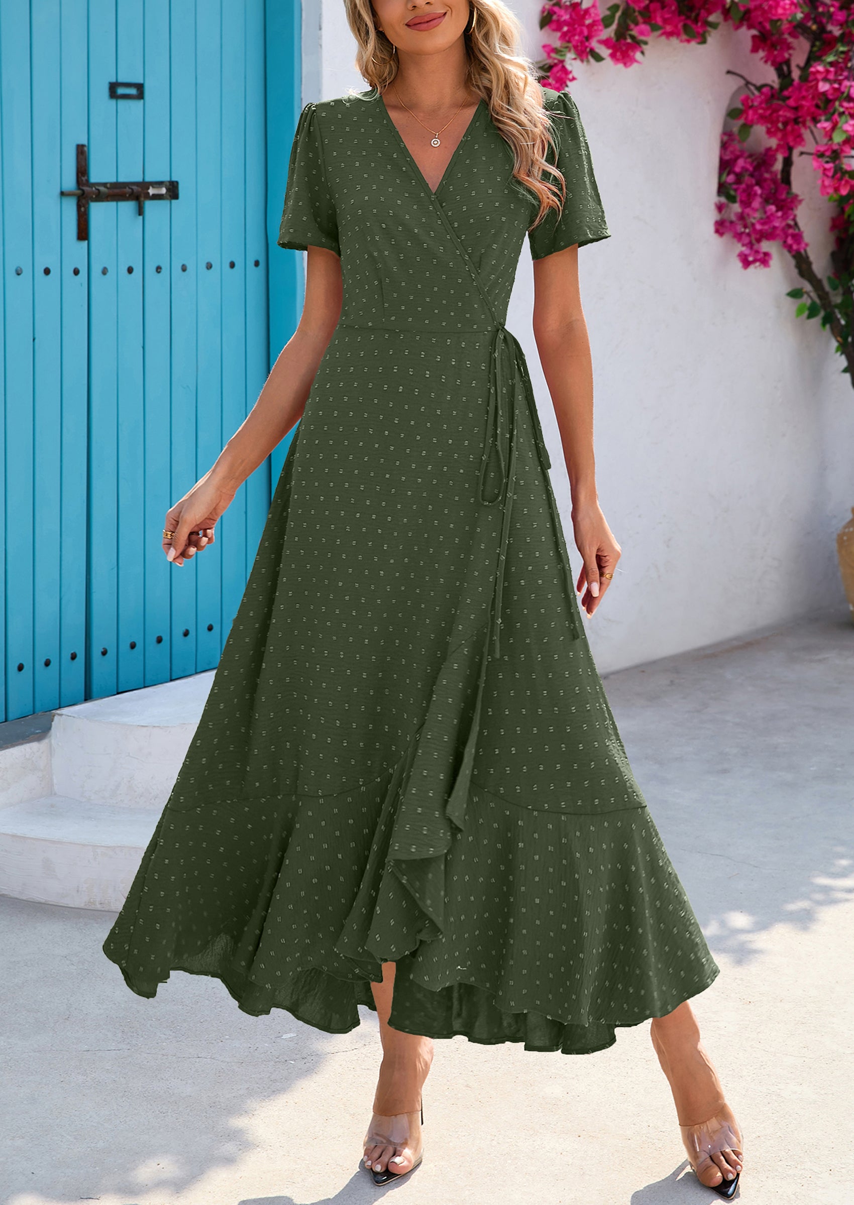 PRETTYGARDEN Women's Summer Maxi Dress Casual Wrap Floral Boho Short Sleeve V Neck Split Ruffle Beach Long Dresses