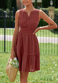 PRETTYGARDEN Women's Summer Dresses Sleeveless V Neck Eyelet Hollow Out Swing A Line Beach Vacation Sun Dress