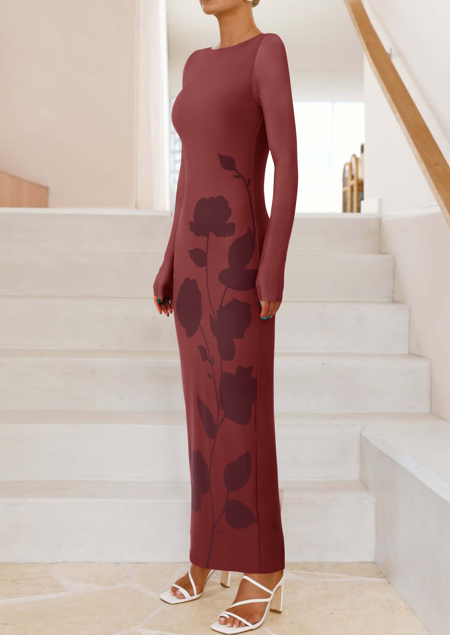 PRETTYGARDEN Bodycon Maxi Dress Fall Floral Long Sleeve Sexy Mesh Cocktail Wedding Guest Long Dresses